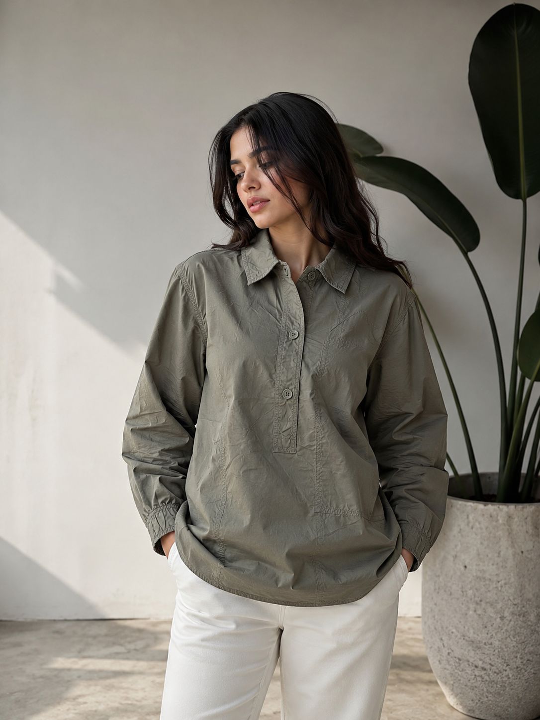 شومیز کتان کاغذی ZARA سبز زیتونی